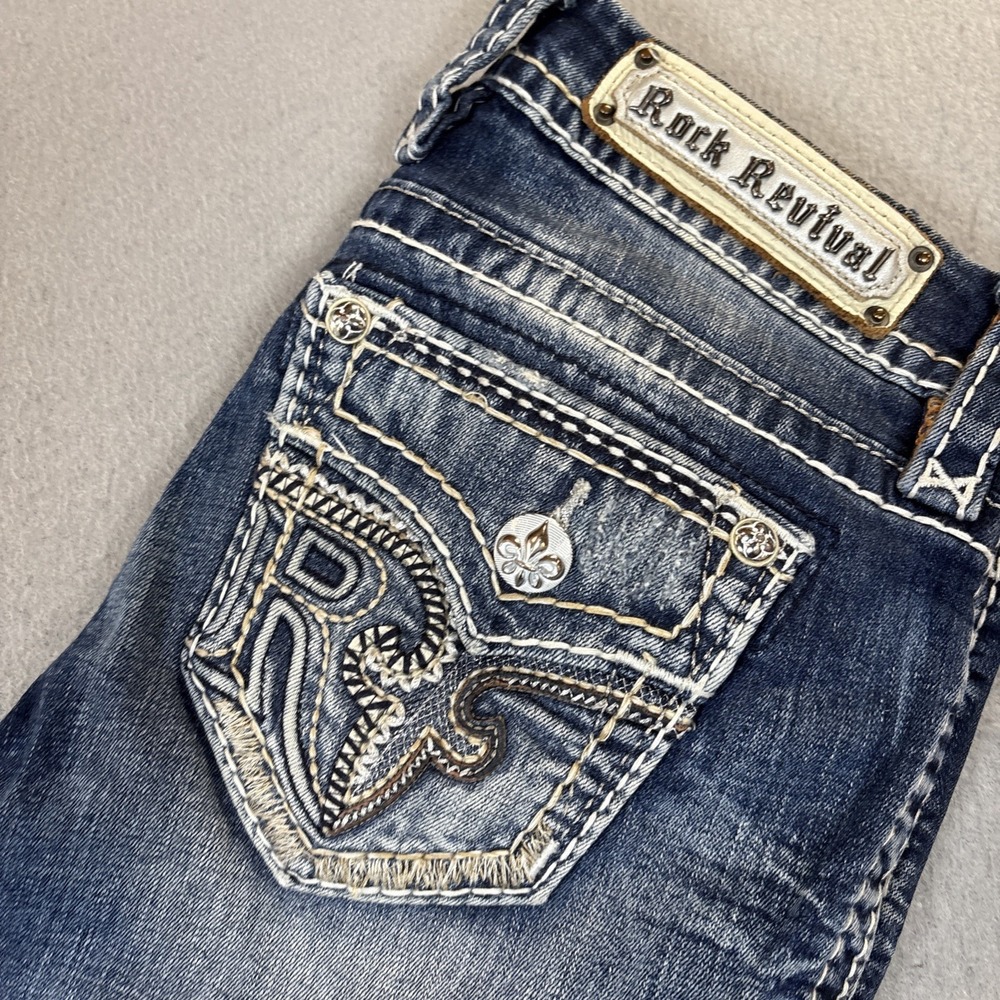 Rock Revival Sundee Mid Rise Boot Cut Jean Women 26 Flap Pocket Whisker Distress